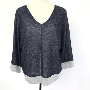 Splendid Polka Dot Navy Blue Gray V-neck Knit 3/4 Sleeve Knit Top Size Small